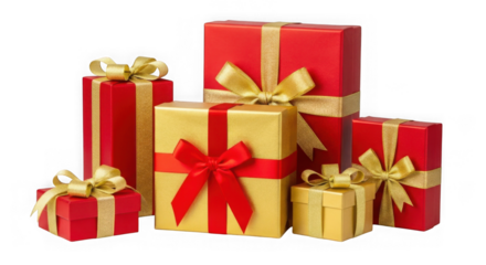 A collection of red and gold gift boxes with ribbons