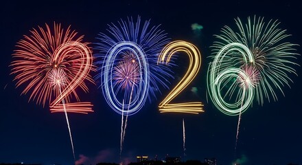 Fireworks display celebrating the new year 2026 against a dark sky