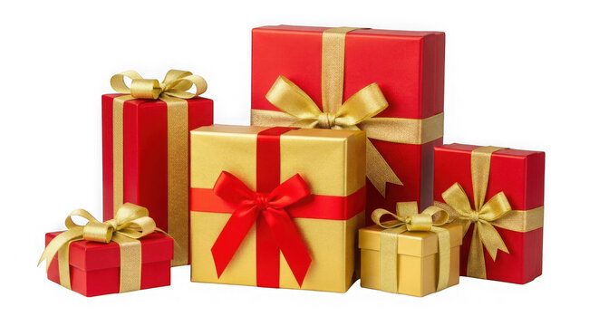 A collection of red and gold gift boxes with ribbons