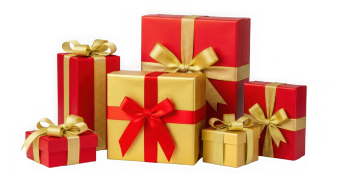 A collection of red and gold gift boxes with ribbons