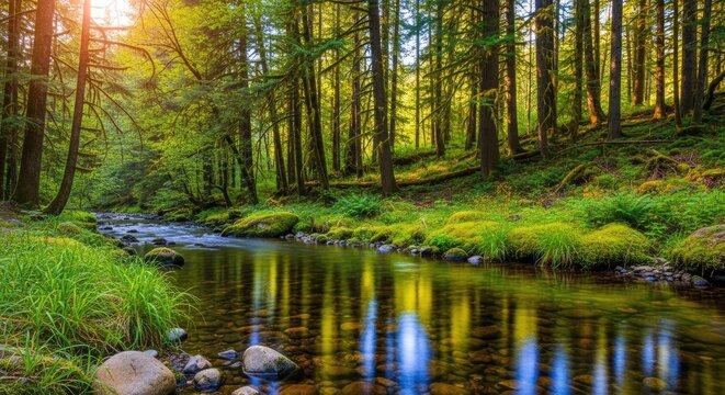 A serene forest stream with vibrant green foliage and a calm, reflective water surface.