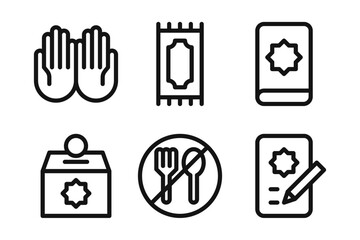 Muslim Daily Worship Linear Icon Set - Editable Stroke : Suitable for Use in Apps, Digital Content, and Printed Materials Related to Islamic Lifestyle, Prayer Activities, Ramadan and Eid Themes.