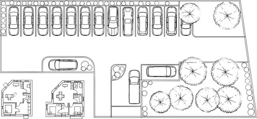 Architectural site plan with parking layout, building floor plans, landscaped trees, car spaces, urban design blueprint illustration for construction projects © Akhi's orld
