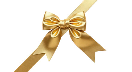 A gold ribbon with a decorative bow on a white background.