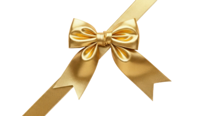 A gold ribbon with a decorative bow on a white background.