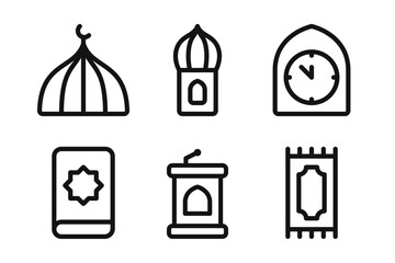 Friday Prayer Essentials Linear Icon Set - Editable Stroke : Suitable for Use in Apps, Digital Content, and Printed Materials Related to Islamic Lifestyle, Prayer Activities, Ramadan and Eid Themes.