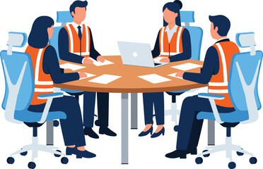 Business team meeting wearing safety vests, workplace safety discussion, corporate planning, construction management collaboration, office conference illustration vector