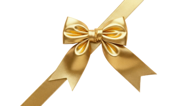 A gold ribbon with a decorative bow on a white background.