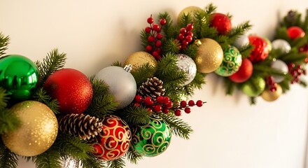 Festive Christmas garland with colorful ornaments and evergreen boughs