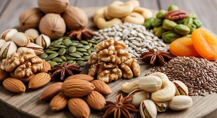 Assortment of healthy nuts and seeds arranged on a wooden surface