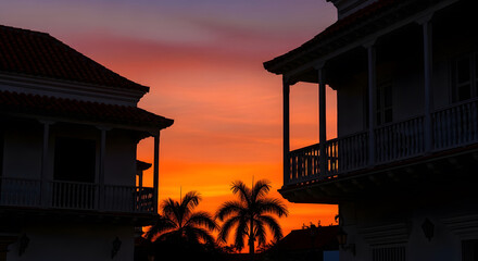 Dramatic sunset between buildings casting palm tree silhouettes against orange sky