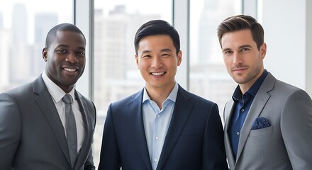 Diverse business team smiling in front of a window with city views