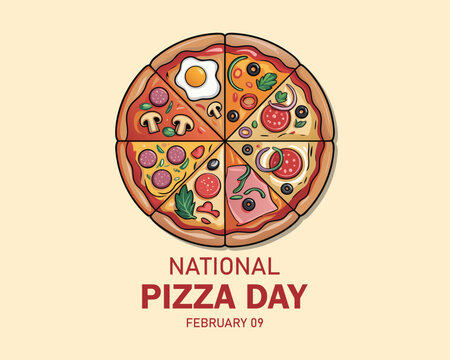 National Pizza Day vector. Different kinds of pizza slices vector. Whole pizza top view icon set. Pizza Day Poster, February 9. - Powered by Adobe