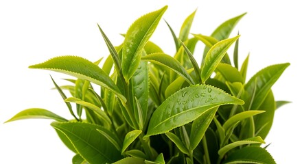 Fresh green tea leaves isolated on white background, close-up view