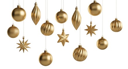 Elegant golden Christmas ornaments hanging against a clean white background