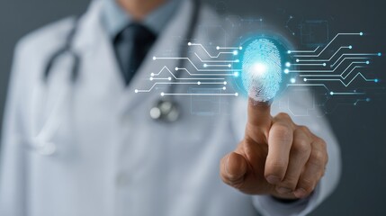 A doctor pointing at a digital fingerprint with electronic circuit design overlay and stethoscope