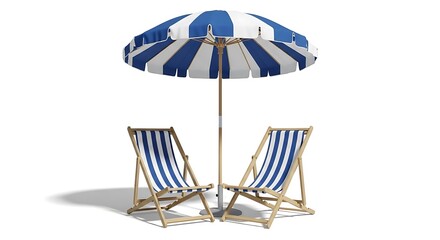 Beach scene with blue and white striped umbrella and deck chairs on white background