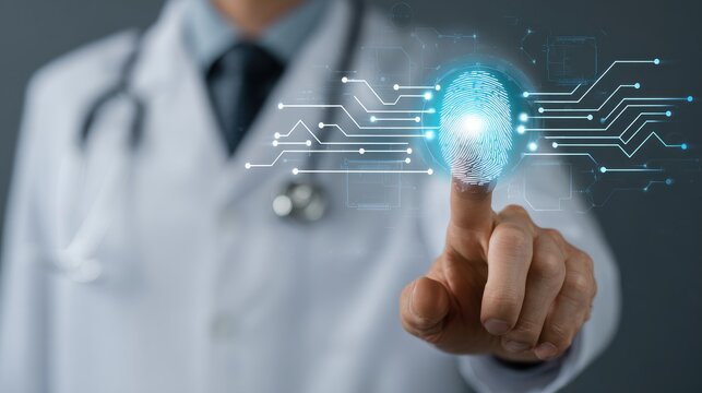 A doctor pointing at a digital fingerprint with electronic circuit design overlay and stethoscope