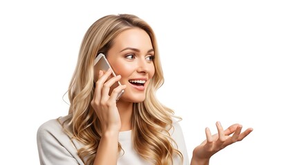 Blonde woman talking on a smartphone with a happy expression on a white background