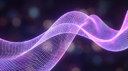 Violet lavender flowing ribbon twist with iridescent mesh wireframe and purple pink holographic gradient glow