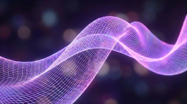 Violet lavender flowing ribbon twist with iridescent mesh wireframe and purple pink holographic gradient glow