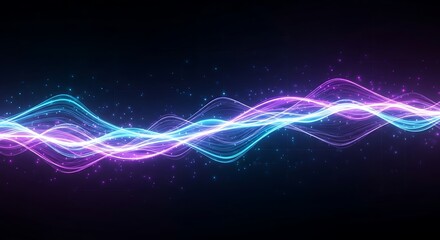 Abstract glowing waves of light with sparkling particles on a dark background