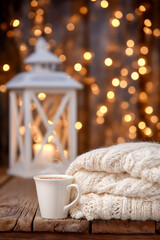 湯気が立ち上るマグカップと暖かな照明の冬の居心地の良い風景