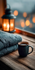 湯気が立ち上るマグカップと暖かな照明の冬の居心地の良い風景