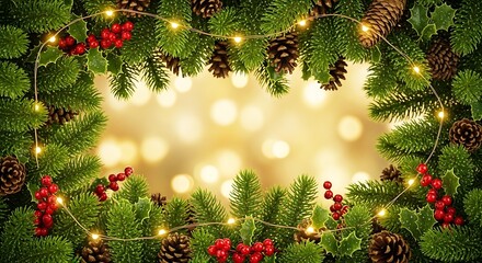 Festive Christmas wreath with lights, berries, pine cones, and evergreen branches