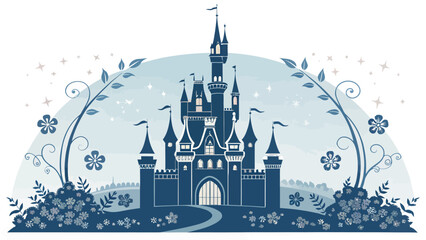 Enchanting castle with floral accents, ideal for fairy tale designs, wedding invitations, and magical storybooks, evoking wonder and dreams, originally a scalable vector
