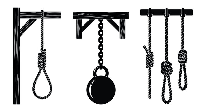 A series of hanging mechanisms depicted in a stark black and white illustration