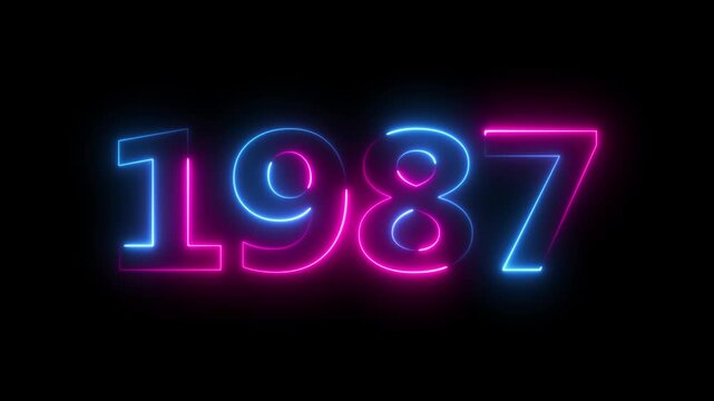 Glowing neon 1987 happy new year 1987 animated text new year on black background. Abstract 1987 neon text animation,