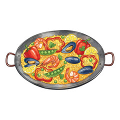 Delicious Paella Dish with Seafood and Vegetables.
