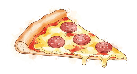 Delicious Pepperoni Pizza Slice with Melted Cheese Watercolor Illustration.