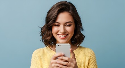 Smiling woman using smartphone, looking at phone screen with happy expression