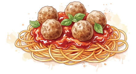 Delicious Spaghetti and Meatballs Dish with Fresh Basil Garnish.