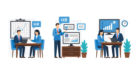 Human resources processes illustrated with professionals in various office settings