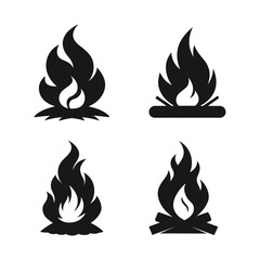 Set of four stylized campfire and bonfire icons on white background