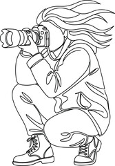 Line art illustration of photographer taking pictures, crouching pose, professional camera shooting, creative photography outline design for digital projects