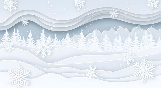 Paper art winter landscape with trees snow and layered paper design background