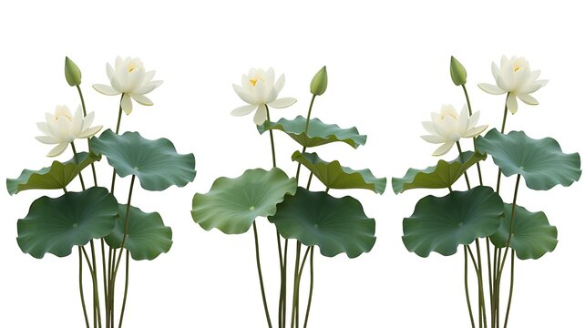 Three delicate white lotus flowers with large green leaves and buds stand tall against a clean white background - Powered by Adobe