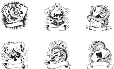 Collection of six monochrome dragon playing card and skull illustrations is presented on a white background