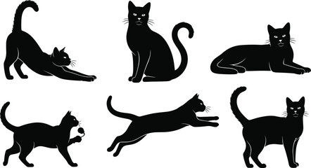 Black cat silhouettes in various poses, stretching, sitting, running, playing, elegant feline shapes for design, illustration, decoration, pet artwork resources