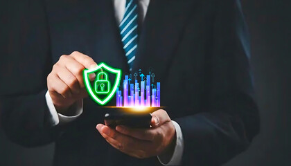 Businessman hand holding smartphone secure payment. Online banking security data protection technology. shield padlock password authentication. Cybersecurity financial transaction fintech concept.3D