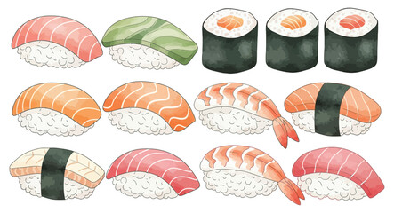 Watercolor illustration set of various Japanese sushi and rolls.
