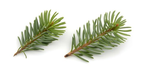 Two fresh green pine branches with sharp needles isolated on a clean white background