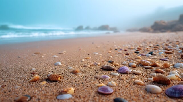 Close up of colorful seashells scattered on a sandy beach with misty ocean waves and rocky coast in the background