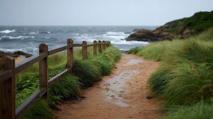 A sandy path winds along a wooden fence towards a dramatic wave filled ocean under an overcast sky