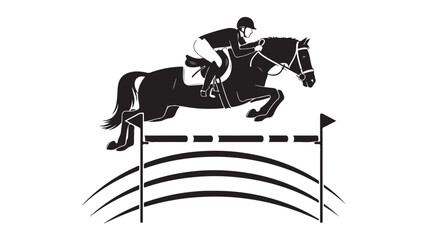 Fototapeta premium Dynamic equestrian sport scene showcasing a horse and rider skillfully jumping over an obstacle in a competitive show, perfect for sports enthusiasts and event promotions