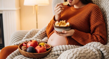 Pregnant woman enjoying healthy fruit snack in cozy home.